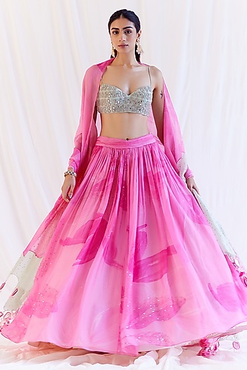 Pink Organza Floral Printed & Mirror Embroidered Wedding Lehenga Set by Monika Nidhee at Pernia's Pop Up Shop