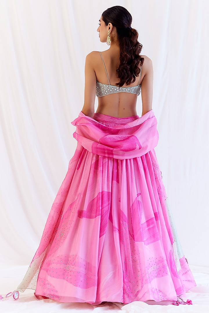 Pink Organza Floral Printed & Mirror Embroidered Wedding Lehenga Set by Monika Nidhee at Pernia's Pop Up Shop