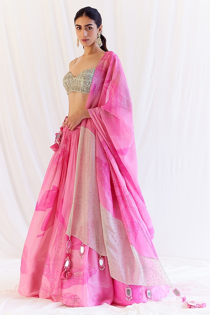 Pink Organza Floral Printed & Mirror Embroidered Wedding Lehenga Set by Monika Nidhee at Pernia's Pop Up Shop