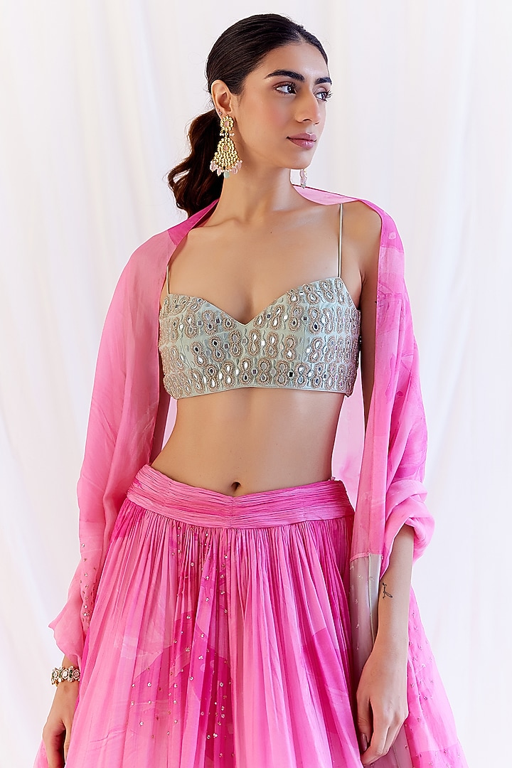 Pink Organza Floral Printed & Mirror Embroidered Wedding Lehenga Set by Monika Nidhee at Pernia's Pop Up Shop