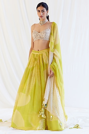 Sunvillea Cream Organza Floral Printed & Mirror Embroidered Wedding Lehenga Set by Monika Nidhee at Pernia's Pop Up Shop