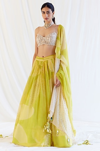 Sunvillea Cream Organza Floral Printed & Mirror Embroidered Lehenga Set by Monika Nidhee