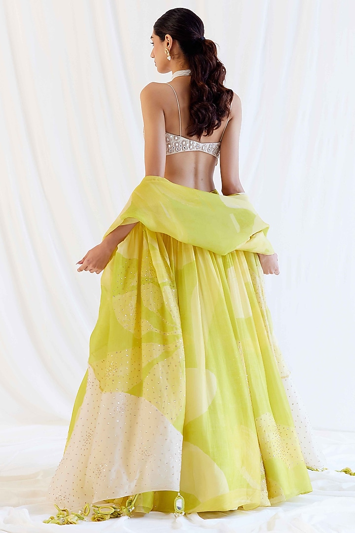 Sunvillea Cream Organza Floral Printed & Mirror Embroidered Wedding Lehenga Set by Monika Nidhee at Pernia's Pop Up Shop