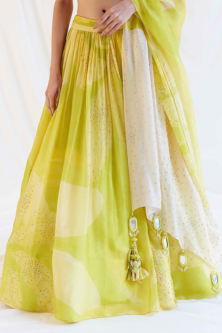 Sunvillea Cream Organza Floral Printed & Mirror Embroidered Wedding Lehenga Set by Monika Nidhee at Pernia's Pop Up Shop