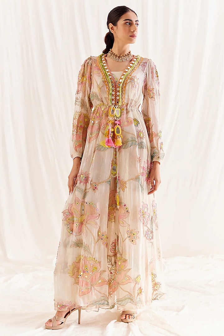 Ecru Shimmer Chiffon Cape Set by Monika Nidhee at Pernia's Pop Up Shop