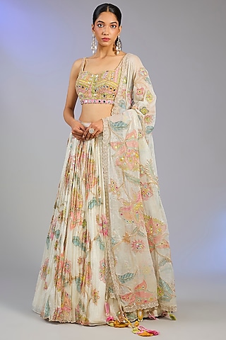 Ecru Shimmer Chiffon Zardosi Dori Embroidered Lehenga Set by Monika Nidhee