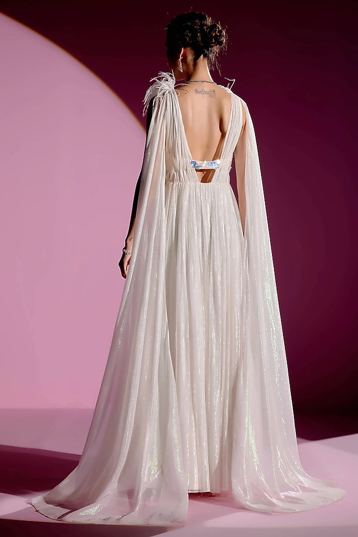 Ivory Shimmer Chiffon Maxi Party Wear Dress by Monika Nidhee at Pernia's Pop Up Shop
