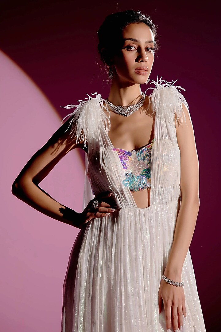 Ivory Shimmer Chiffon Maxi Party Wear Dress by Monika Nidhee at Pernia's Pop Up Shop