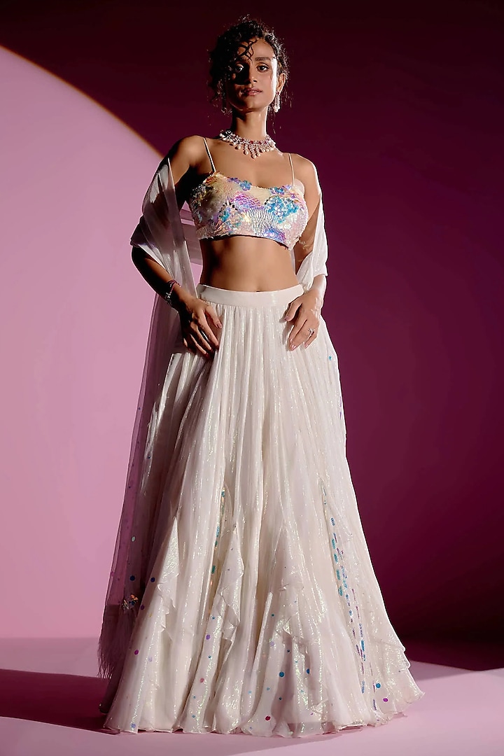 Ivory Shimmer Chiffon Bridal lehenga for 22 Lehenga Set by Monika Nidhee at Pernia's Pop Up Shop