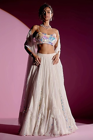 Ivory Shimmer Chiffon Lehenga Set by Monika Nidhee