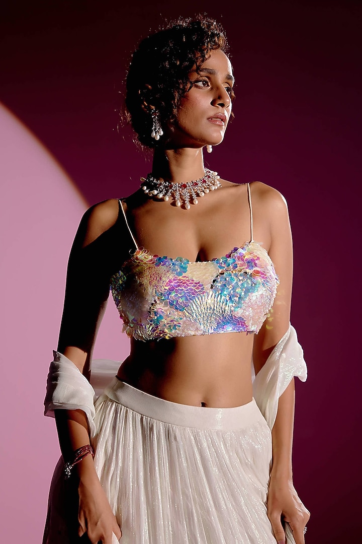 Ivory Shimmer Chiffon Bridal Lehenga Set by Monika Nidhee at Pernia's Pop Up Shop