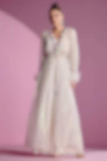 Ivory Shimmer Chiffon Jacket Set by Monika Nidhee at Pernia's Pop Up Shop
