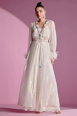 Ivory Shimmer Chiffon Jacket Set by Monika Nidhee