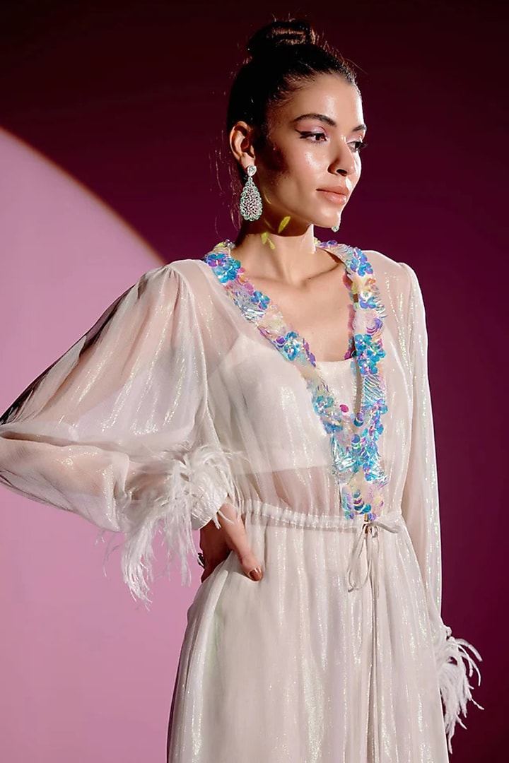 Ivory Shimmer Chiffon Jacket Set by Monika Nidhee at Pernia's Pop Up Shop