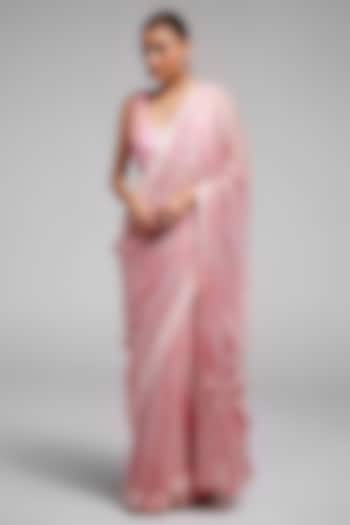 Pink Shimmer Chiffon Wedding Saree Set by Monika Nidhee at Pernia's Pop Up Shop