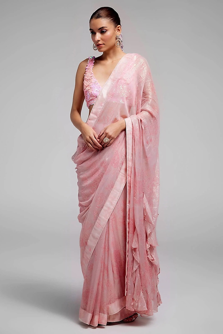 Pink Shimmer Chiffon Wedding Saree Set by Monika Nidhee at Pernia's Pop Up Shop