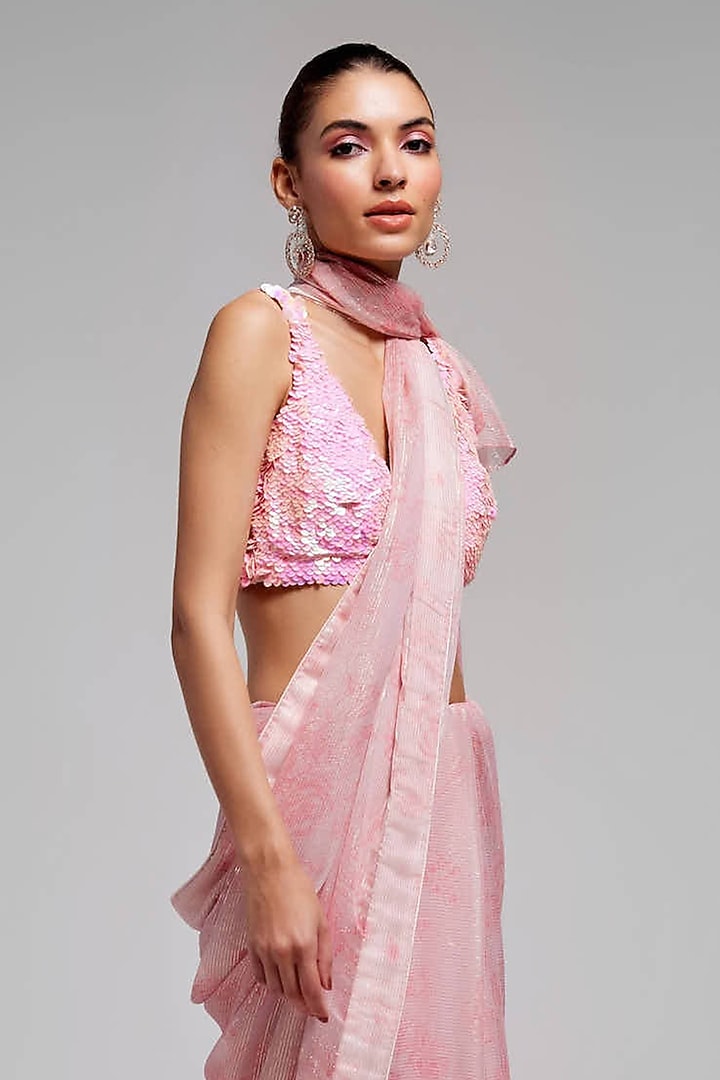Pink Shimmer Chiffon Wedding Saree Set by Monika Nidhee at Pernia's Pop Up Shop
