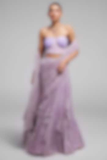 Lilac Shimmer Chiffon Draped Skirt Wedding Saree Set by Monika Nidhee at Pernia's Pop Up Shop