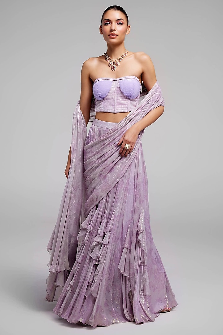 Lilac Shimmer Chiffon Draped Skirt Wedding Saree Set by Monika Nidhee at Pernia's Pop Up Shop