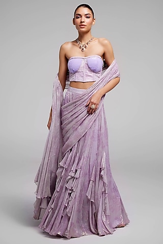 Lilac Shimmer Chiffon Draped Skirt Saree Set by Monika Nidhee