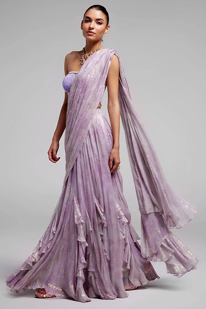 Lilac Shimmer Chiffon Draped Skirt Reception Saree Set by Monika Nidhee at Pernia's Pop Up Shop