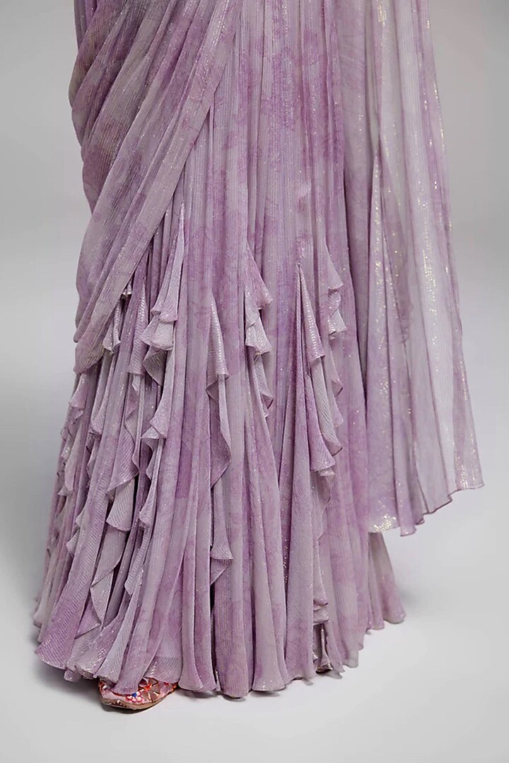Lilac Shimmer Chiffon Draped Skirt Reception Saree Set by Monika Nidhee at Pernia's Pop Up Shop