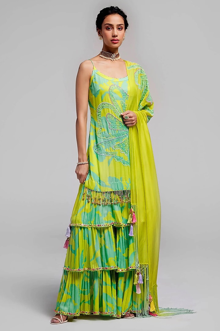 Green Satin Silk Wedding Sharara Set by Monika Nidhee at Pernia's Pop Up Shop