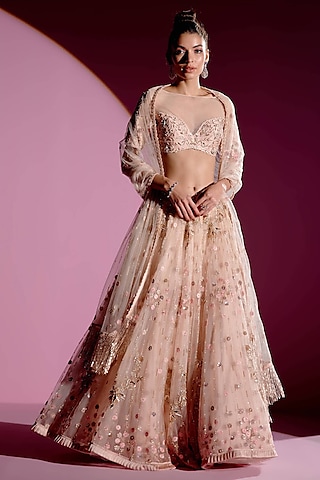 Champagne Net Lehenga Set by Monika Nidhee