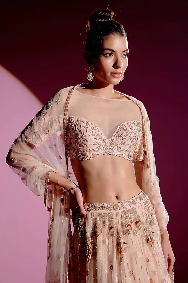 Champagne Net Bridal Lehenga Set by Monika Nidhee at Pernia's Pop Up Shop