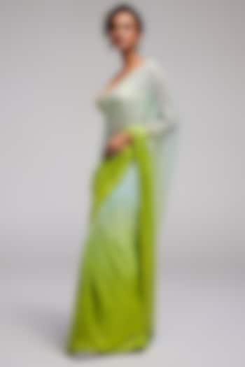 Green Ombre Shimmer Chiffon Hand Embroidered Saree Set by Monika Nidhii at Pernia's Pop Up Shop