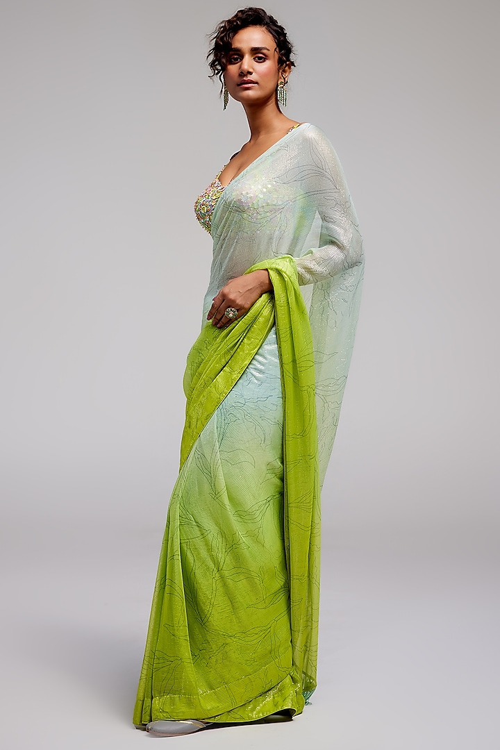 Green Ombre Shimmer Chiffon Hand Embroidered Saree Set by Monika Nidhii at Pernia's Pop Up Shop