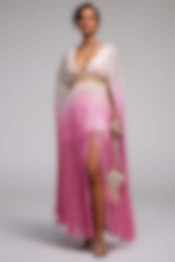 Pink & Yellow Ombre Shimmer Chiffon Zari Embroidered Draped Maxi Dress by Monika Nidhii at Pernia's Pop Up Shop