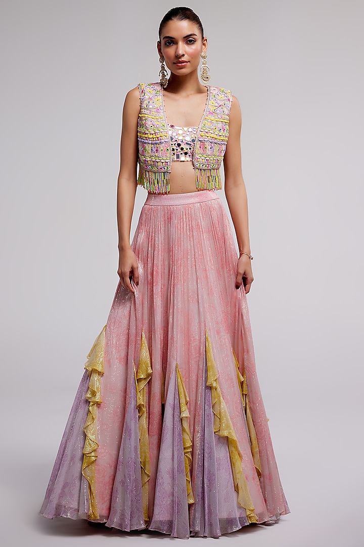 Multi-Colored Ombre Shimmer Chiffon Palazzo Pant Set by Monika Nidhii at Pernia's Pop Up Shop