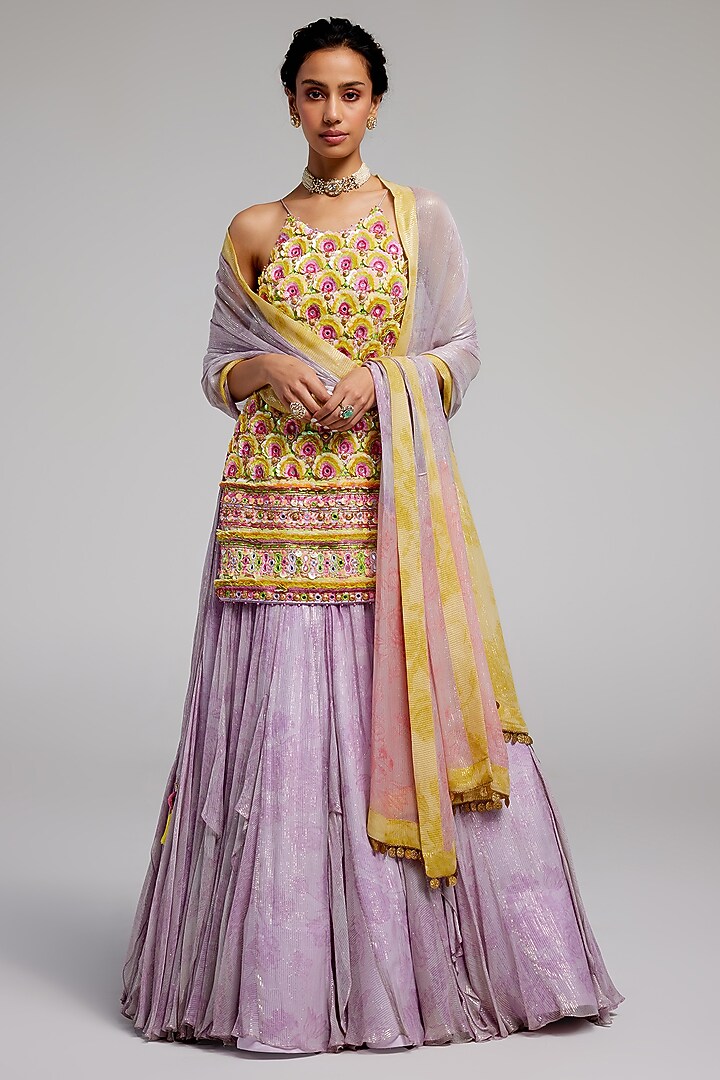 Lilac Shimmer Chiffon Bridal Lehenga Set by Monika Nidhee at Pernia's Pop Up Shop