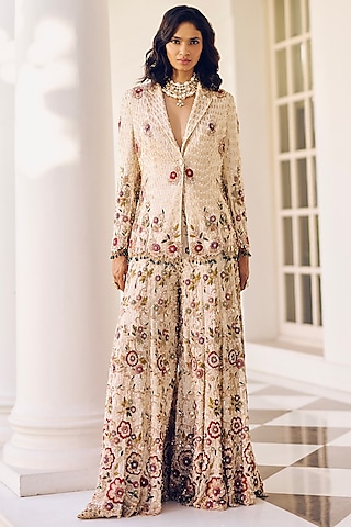 Pearl Ivory Modal Silk Floral Embroidered Jacket Set by Monika Nidhee