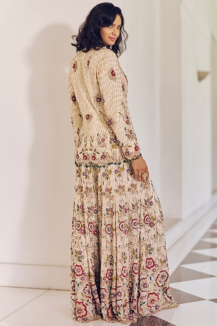 Pearl Ivory Modal Silk Floral Embroidered Jacket Set by Monika Nidhee at Pernia's Pop Up Shop
