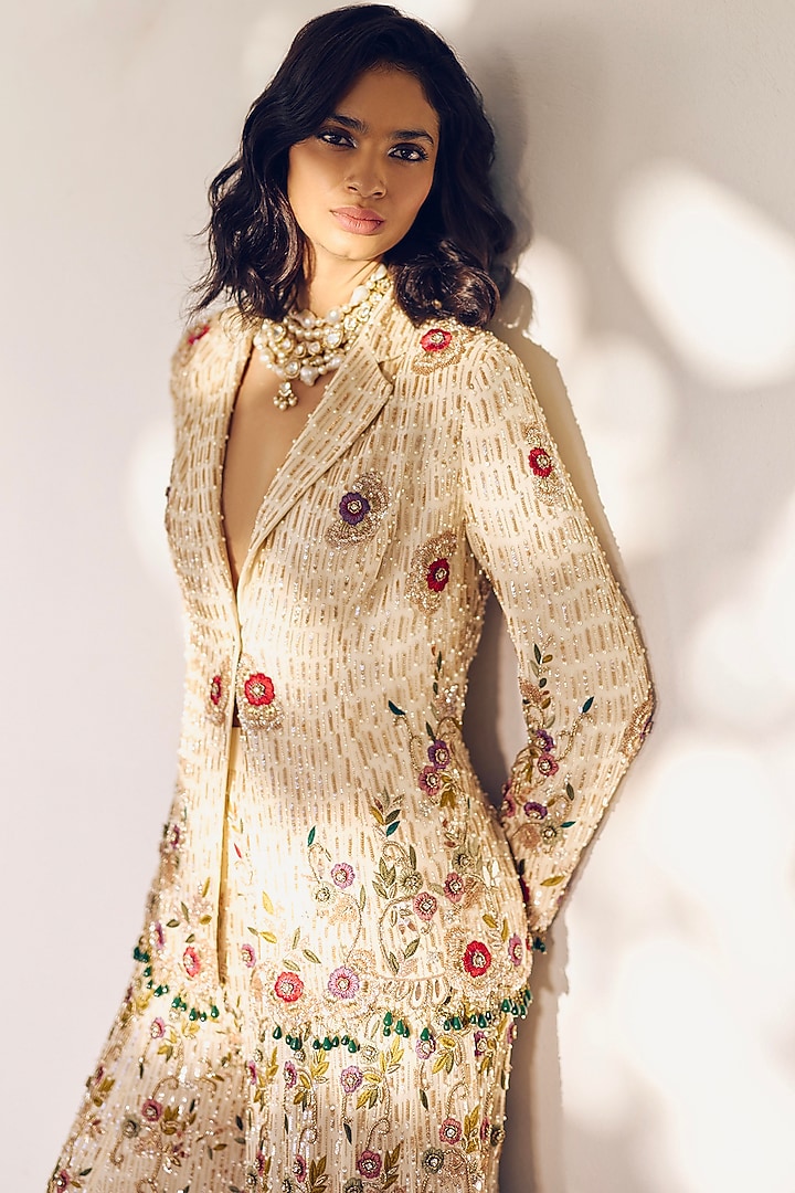 Pearl Ivory Modal Silk Floral Embroidered Jacket Set by Monika Nidhee at Pernia's Pop Up Shop