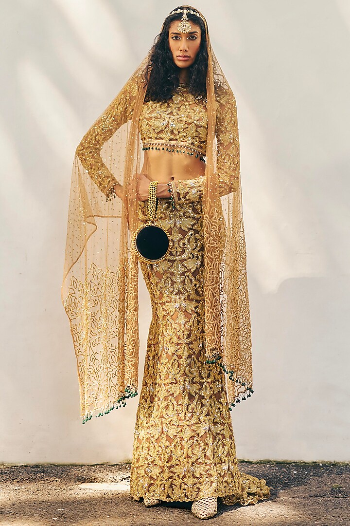 Amber Gold Organza Zardosi Embroidered Fish-Cut Skirt Set by Monika Nidhii at Pernia's Pop Up Shop