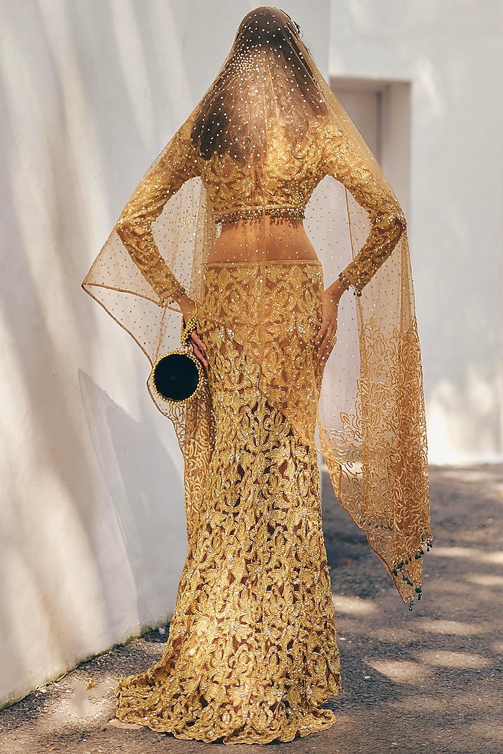 Amber Gold Organza Zardosi Embroidered Fish-Cut Skirt Set by Monika Nidhee at Pernia's Pop Up Shop