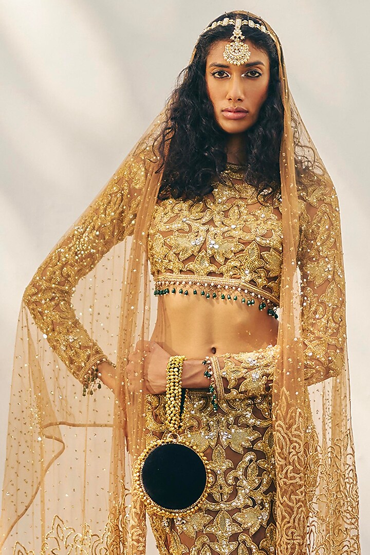 Amber Gold Organza Zardosi Embroidered Fish-Cut Skirt Set by Monika Nidhee at Pernia's Pop Up Shop