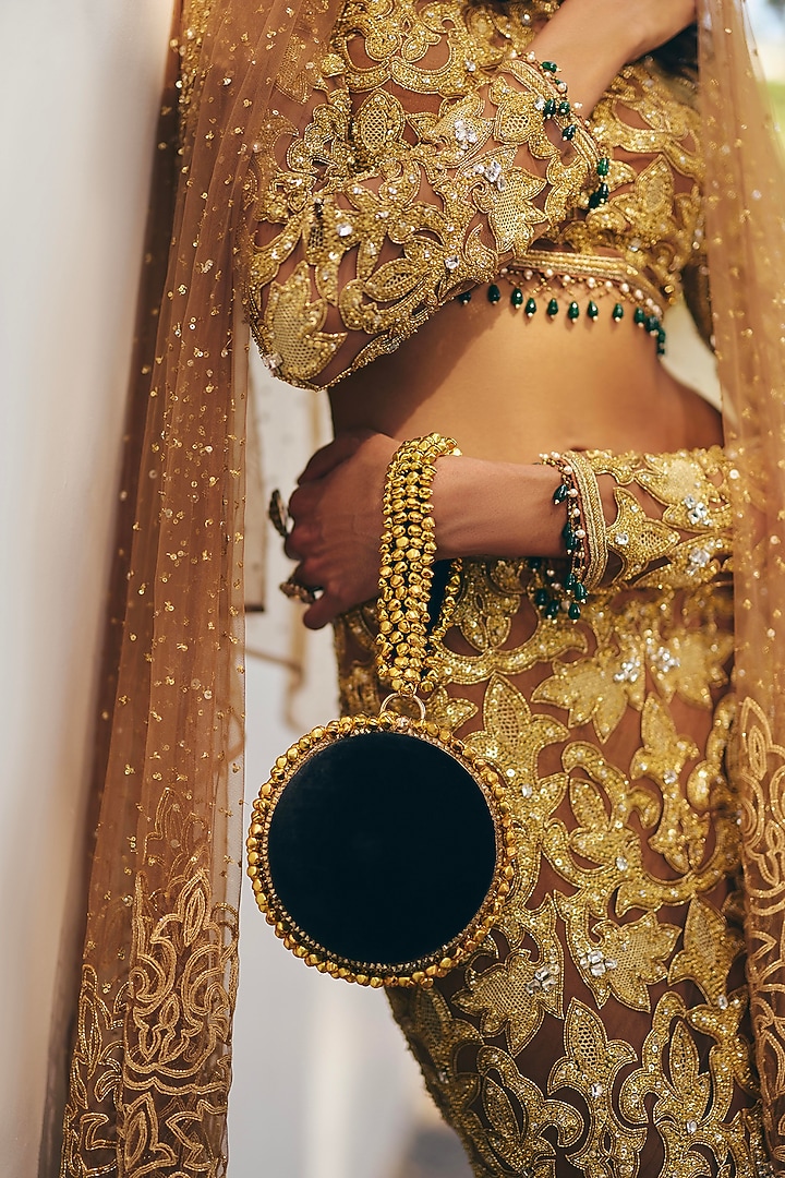 Amber Gold Organza Zardosi Embroidered Fish-Cut Skirt Set by Monika Nidhee at Pernia's Pop Up Shop