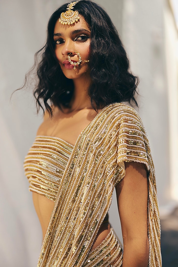 Amber Gold Modal Silk Sequins & Moti Embroidered Draped Bridal Saree Set by Monika Nidhee at Pernia's Pop Up Shop