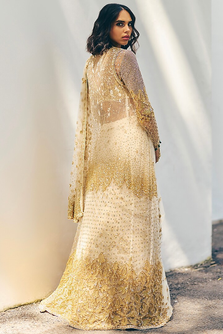 Ivory Organza Gold & Sequins Embroidered Bridal Lehenga Set by Monika Nidhee at Pernia's Pop Up Shop