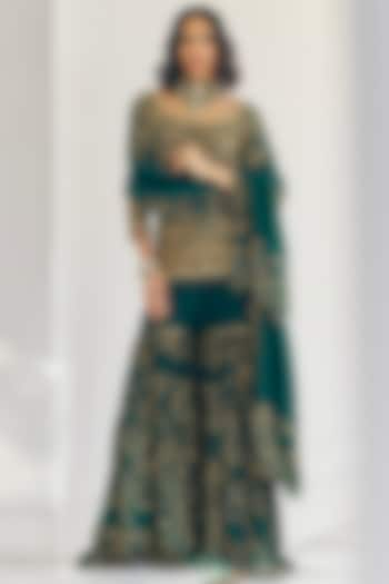 Emerald Green Modal Silk Gold & Zardosi Embroidered Sharara Set by Monika Nidhii at Pernia's Pop Up Shop