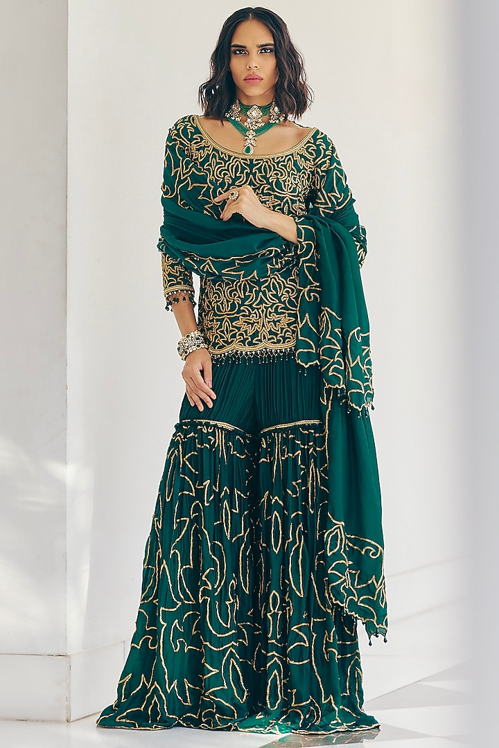 Emerald Green Modal Silk Gold & Zardosi Embroidered Sharara Set by Monika Nidhii at Pernia's Pop Up Shop