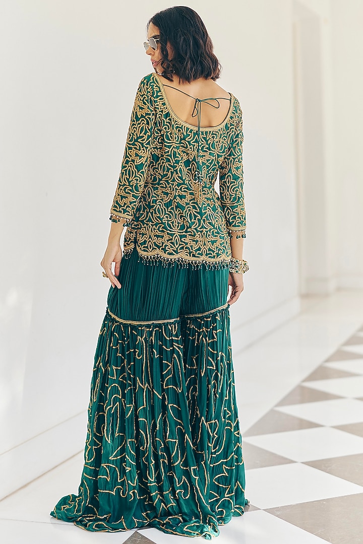 Emerald Green Modal Silk Gold & Zardosi Embroidered Bridal Sharara Set by Monika Nidhee at Pernia's Pop Up Shop