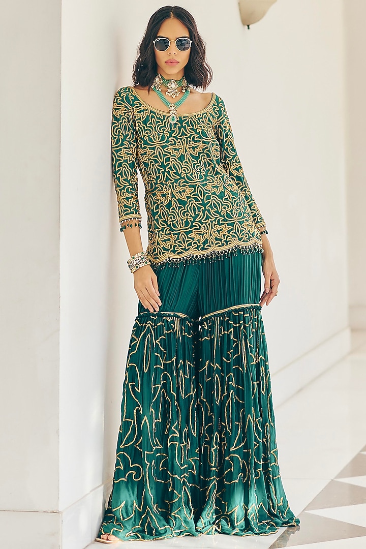 Emerald Green Modal Silk Gold & Zardosi Embroidered Bridal Sharara Set by Monika Nidhee at Pernia's Pop Up Shop