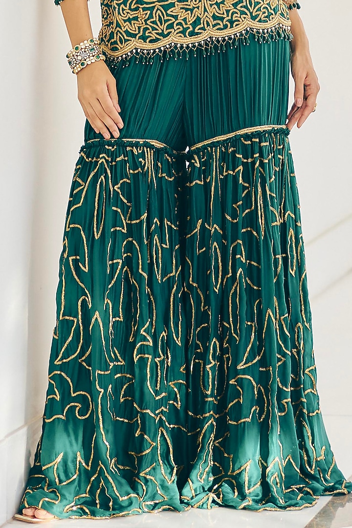 Emerald Green Modal Silk Gold & Zardosi Embroidered Bridal Sharara Set by Monika Nidhee at Pernia's Pop Up Shop