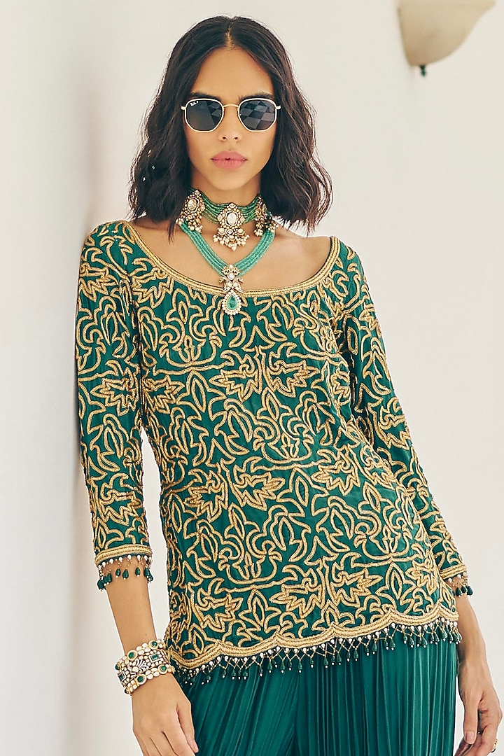 Emerald Green Modal Silk Gold & Zardosi Embroidered Bridal Sharara Set by Monika Nidhee at Pernia's Pop Up Shop