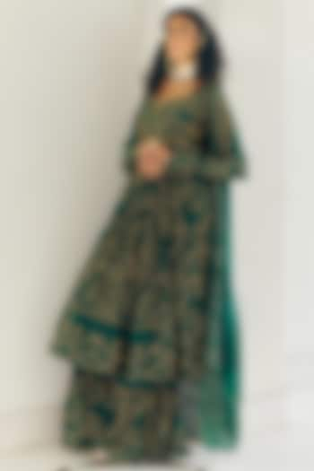 Emerald Green Modal Silk Gold Embroidered A-Line Anarkali Set by Monika Nidhii at Pernia's Pop Up Shop